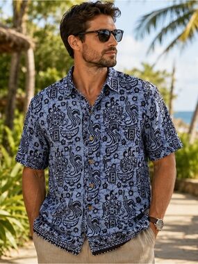 153) Men's Short-Sleeve Printed Camp Collar Shirt - Blue